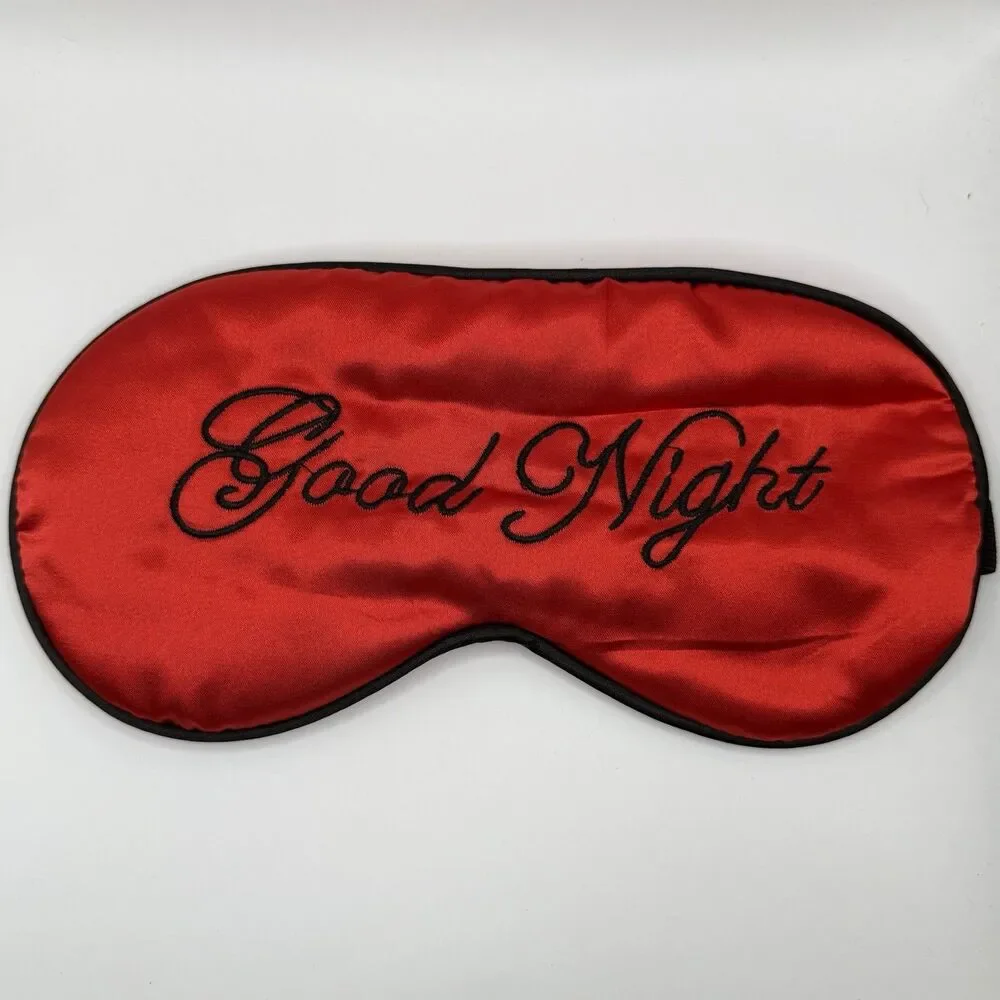 Red Satin Sleep Eye Mask Good Night Embroidered Adjustable Band Travel Blindfold
